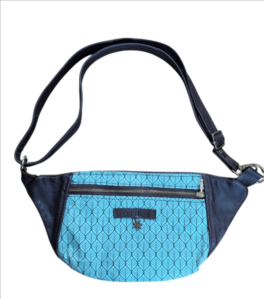Medium sized moon bag made of black genuine leather and aquamarine leaf motive cotton