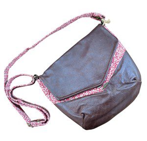 Sling bag with brown genuine leather and pink cotton